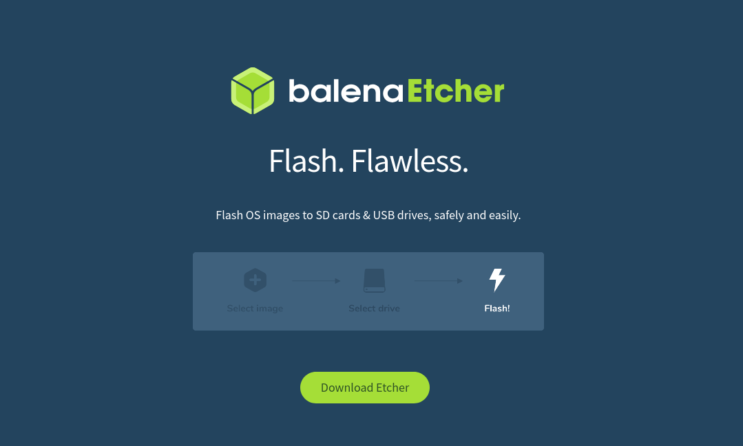 Tela de Download o Etcher em seu site